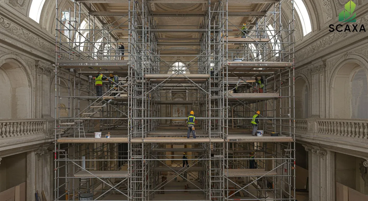 Scaffolding structure with construction workers in hard hats and safety vests, highlighting Scaxa's scaffolding solutions for building contracting in the UAE.