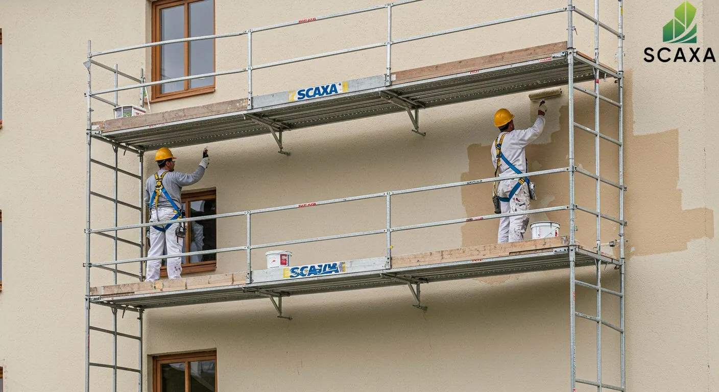 Two painters on SCAXA scaffolding applying paint to a building's exterior wall, showcasing safety and efficiency in painting projects.