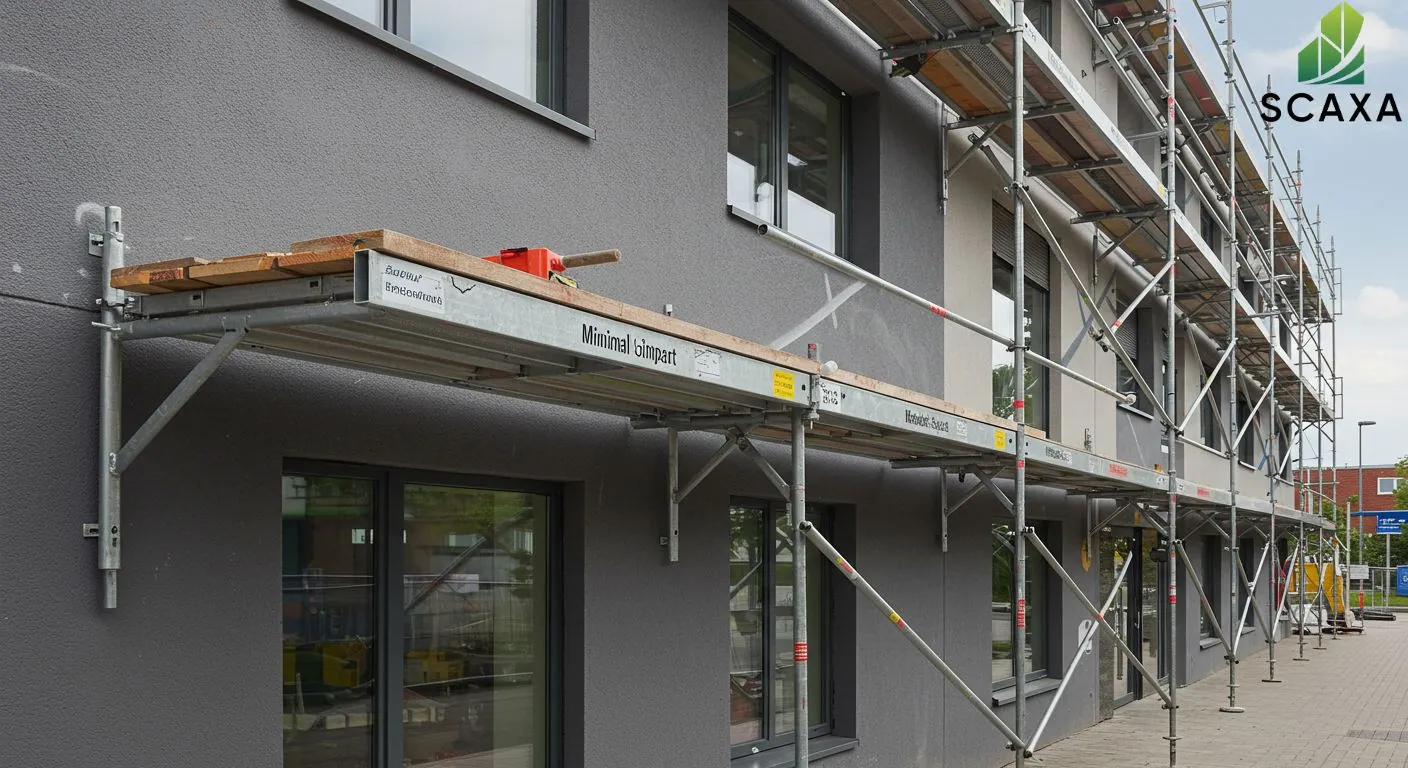 Bracket scaffolding installed on a building facade, showcasing safety and stability for aluminium and glass contracting projects, featuring Scaxa branding in the corner.