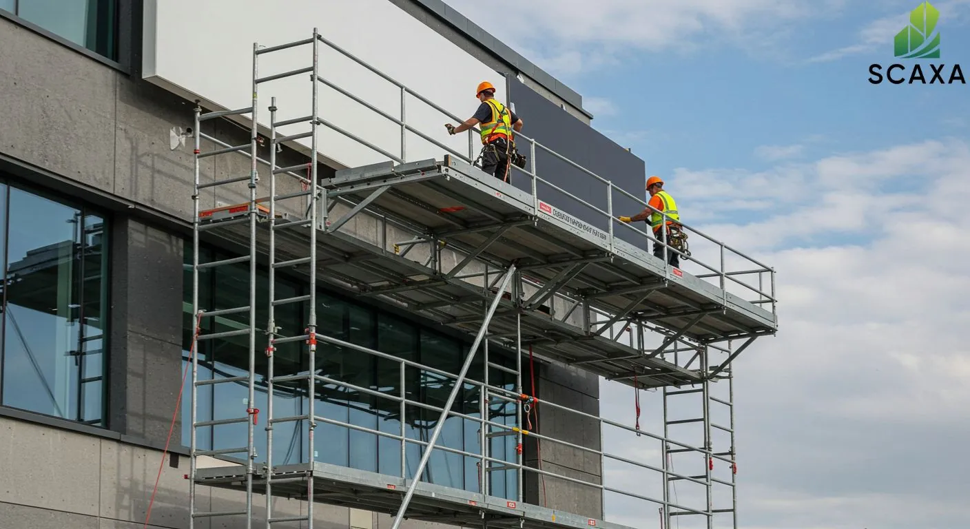 Workers on cantilever scaffolding installing a signboard on a commercial building, showcasing Scaxa's scaffolding services for sign installation and maintenance.