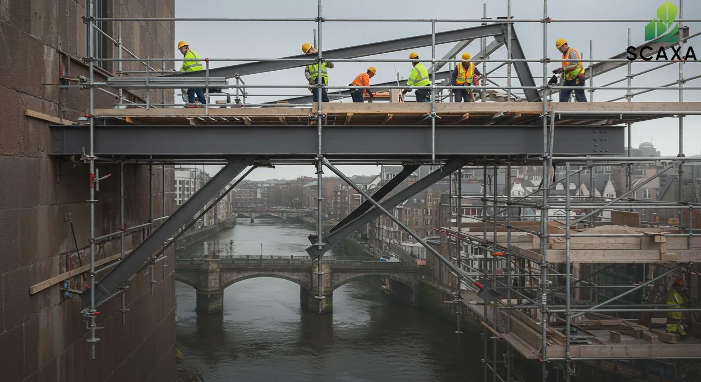 Workers in safety gear on cantilever scaffolding over a river, showcasing Scaxa's steel structural scaffolding solutions.