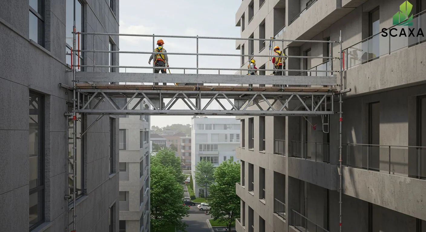 Workers on cantilever scaffolding system between modern buildings, showcasing safety and efficiency for painting projects, branded SCAXA.