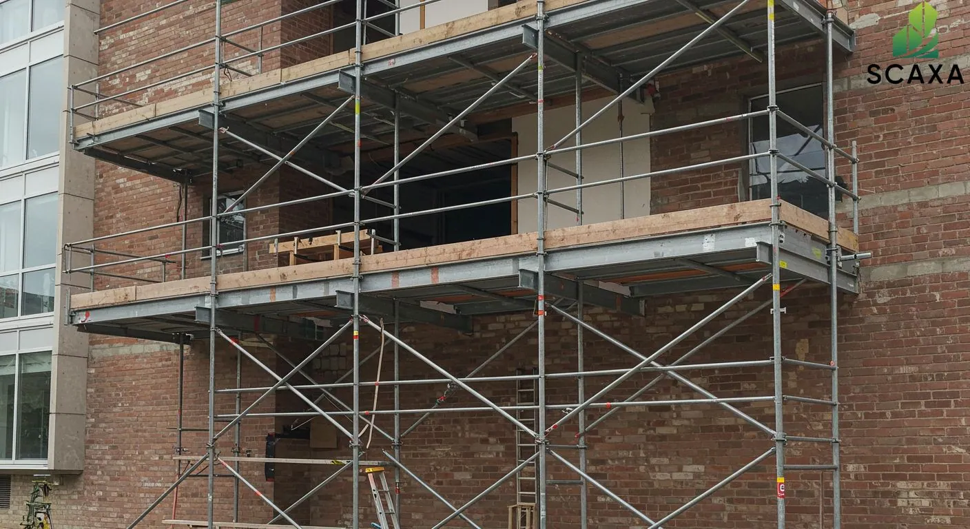 Cantilever scaffolding structure against a brick wall, showcasing stability and access for building renovation projects, featuring Scaxa branding.