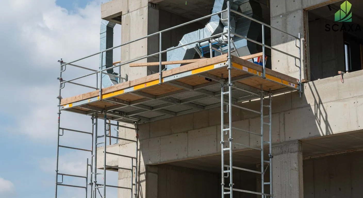 Cantilever scaffolding structure with wooden planks and metal frames, positioned against a concrete building, showcasing access for MEP installation and maintenance tasks, featuring SCAXA branding in the corner.