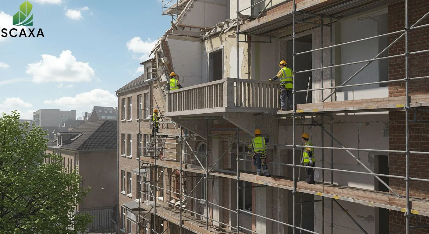 Construction workers in safety gear on scaffolding, performing demolition tasks on a building facade, with Scaxa logo visible in the corner.