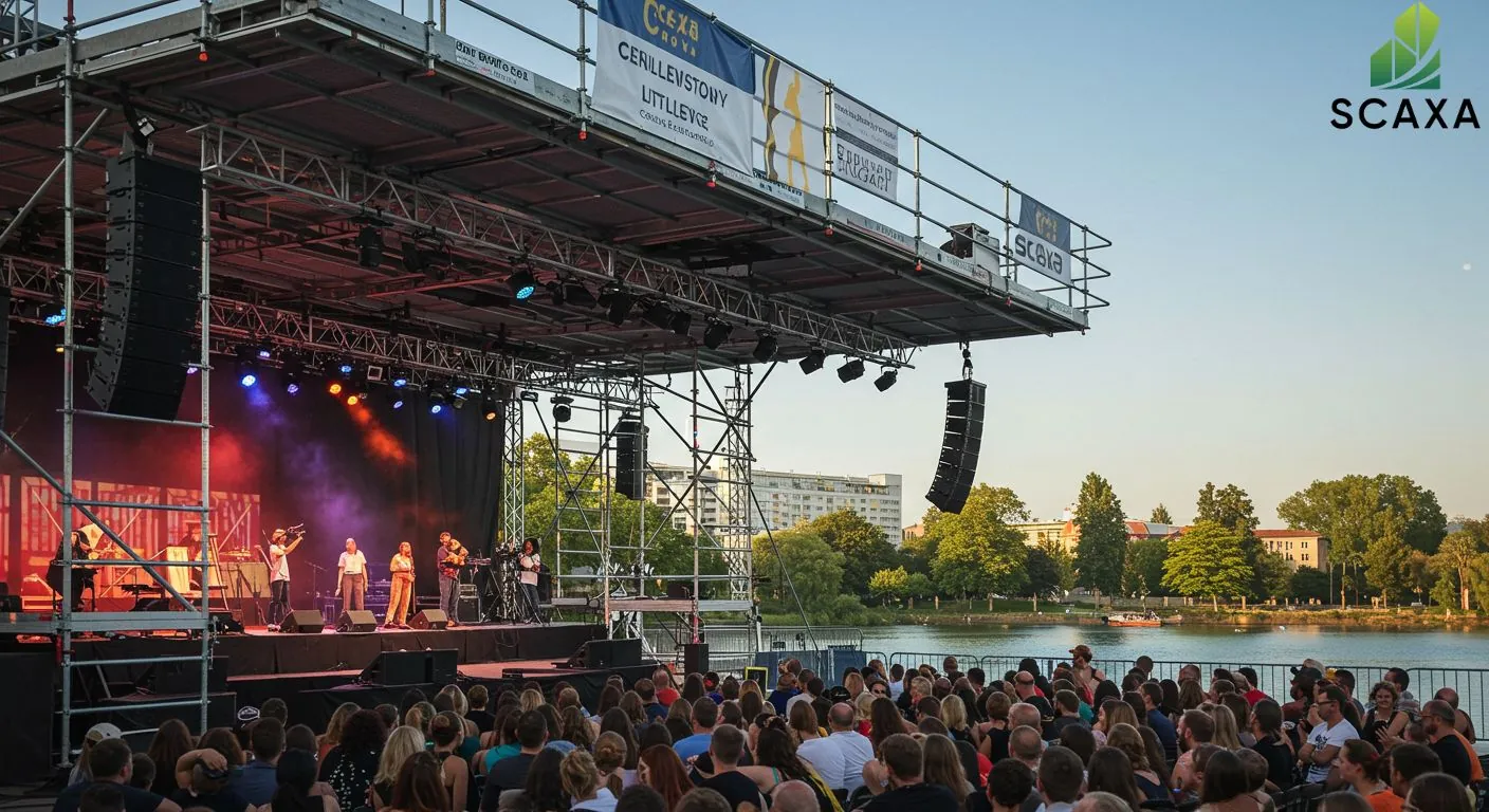 Scaffolding stage setup for live performance event with audience, featuring Scaxa branding and lighting equipment.
