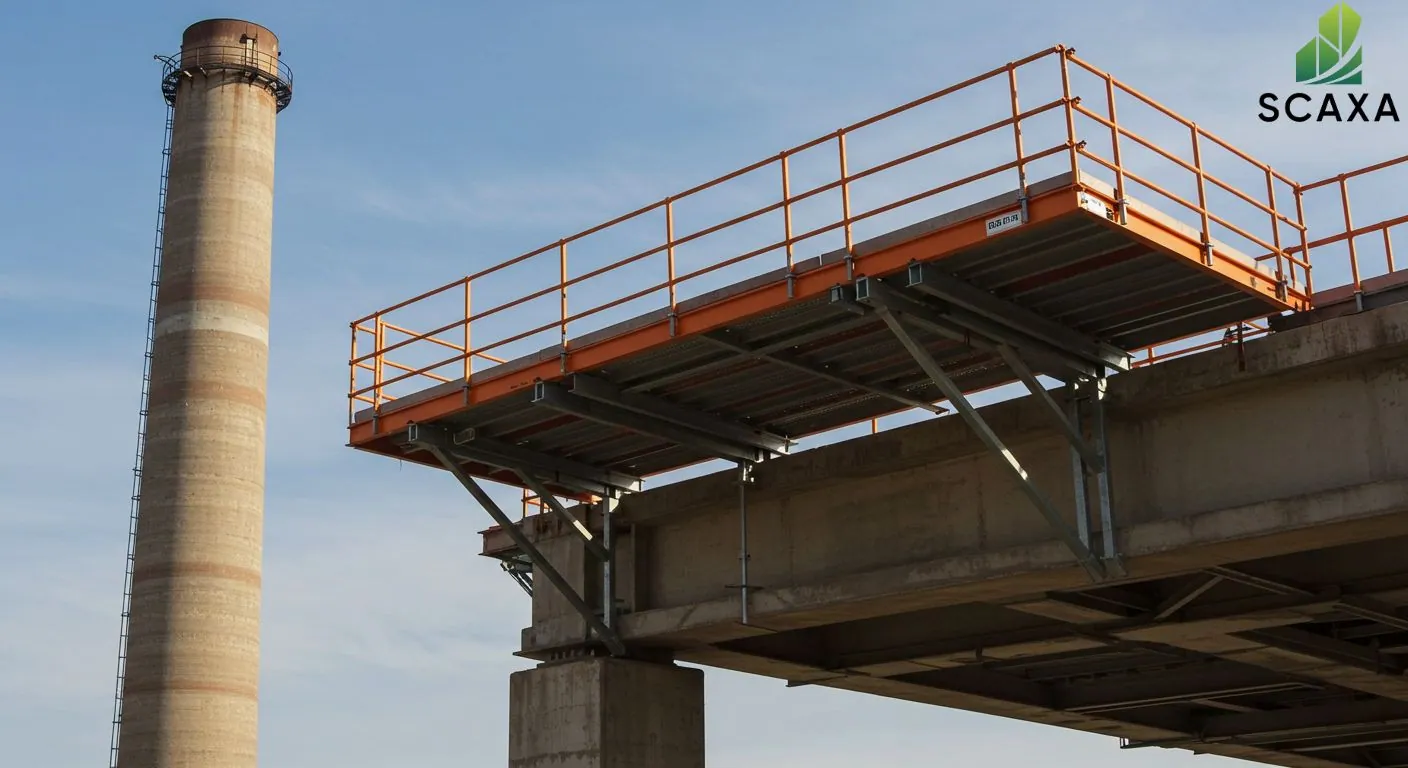 Cantilever scaffolding system installed on industrial structure with a tall chimney in the background, emphasizing safety and efficiency in scaffolding solutions by SCAXA.