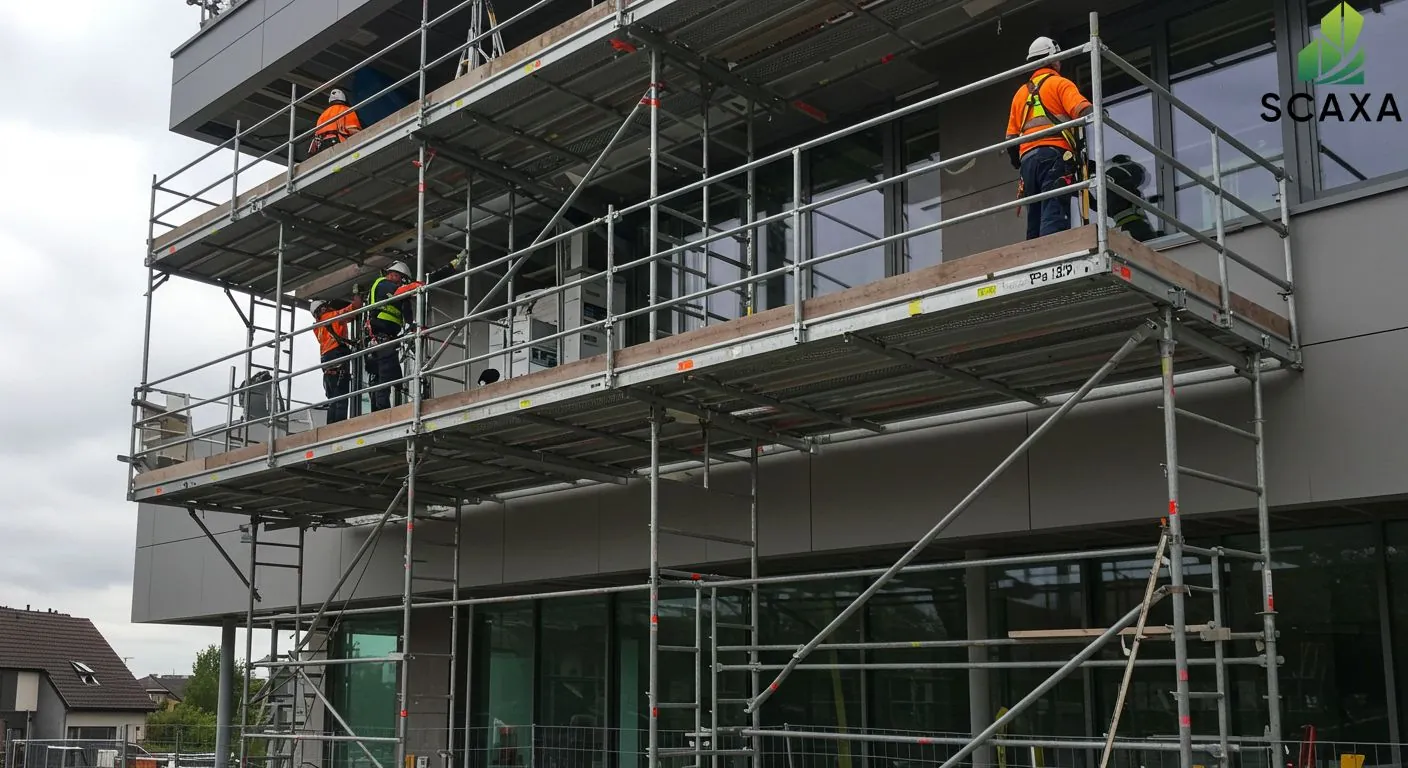 Construction workers on cantilever scaffolding, focused on aluminium and glass installation, emphasizing safety and efficiency in high-rise building projects, with Scaxa branding visible.