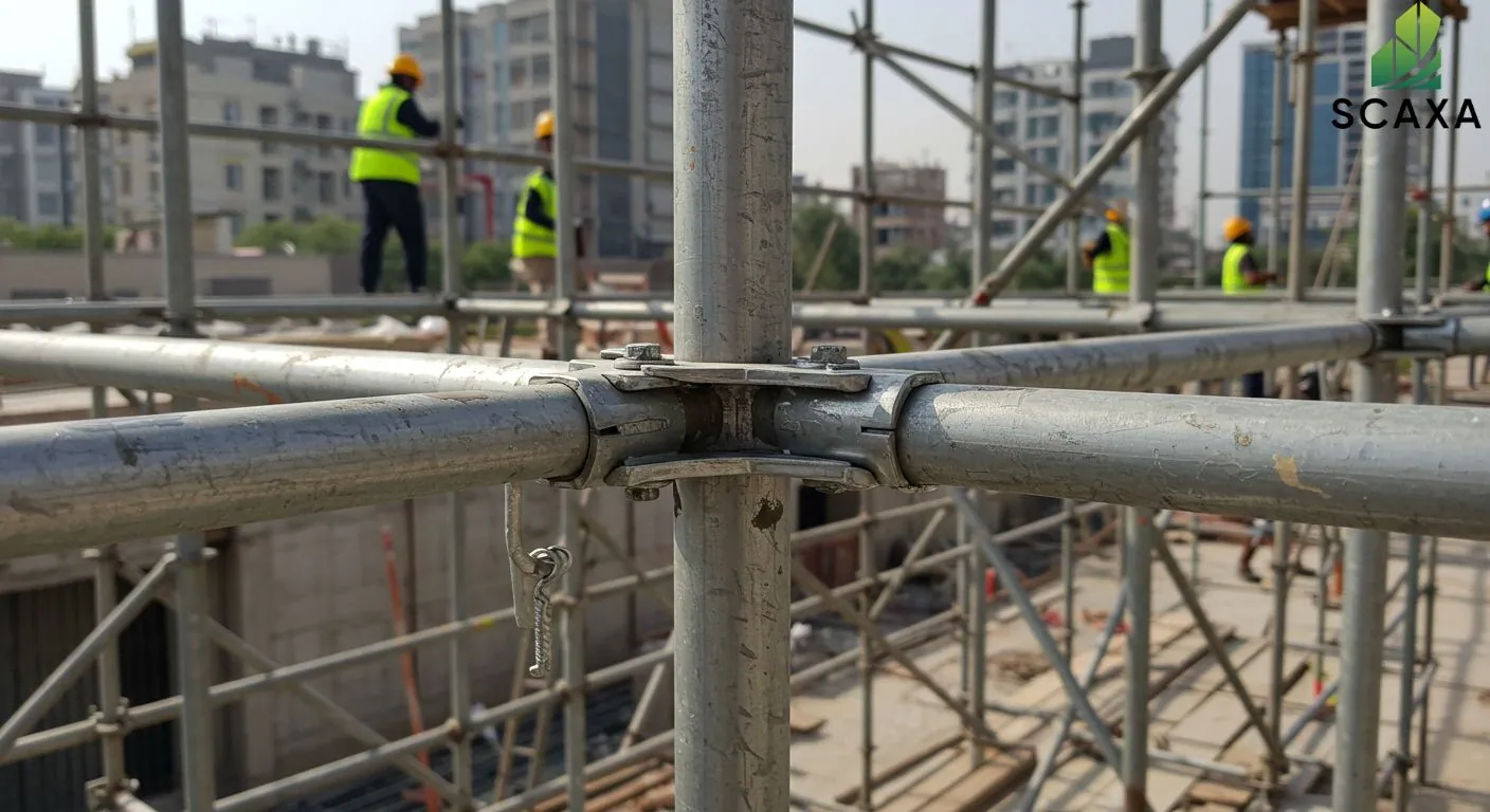 Scaffolding structure with Cuplock system, construction workers in safety gear, urban building site, Scaxa branding visible.