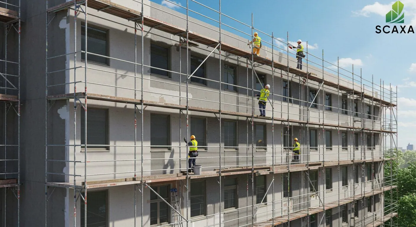 Construction workers on scaffolding, installing and maintaining building exteriors, showcasing Scaxa's reliable scaffolding solutions for signboard projects.