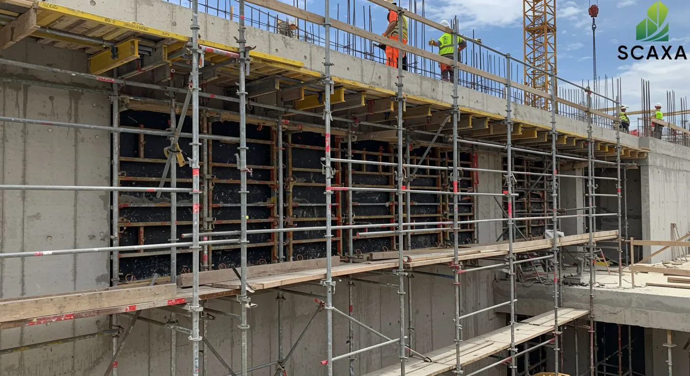 Scaffolding structure supporting MEP installation with workers in safety gear on construction site, featuring Scaxa logo in the corner.
