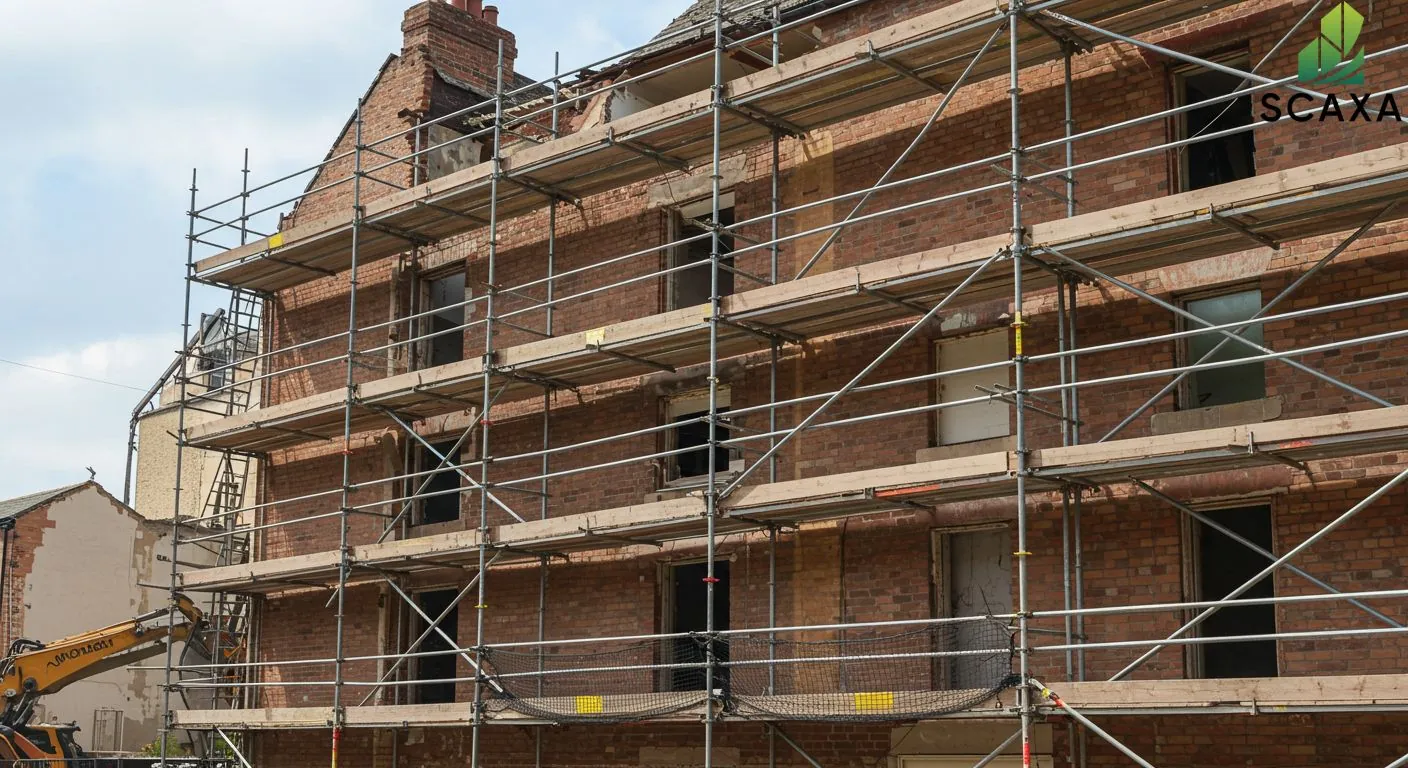 Steel scaffolding structure on a building under demolition, featuring multiple levels of platforms, safety nets, and Scaxa branding in the corner.