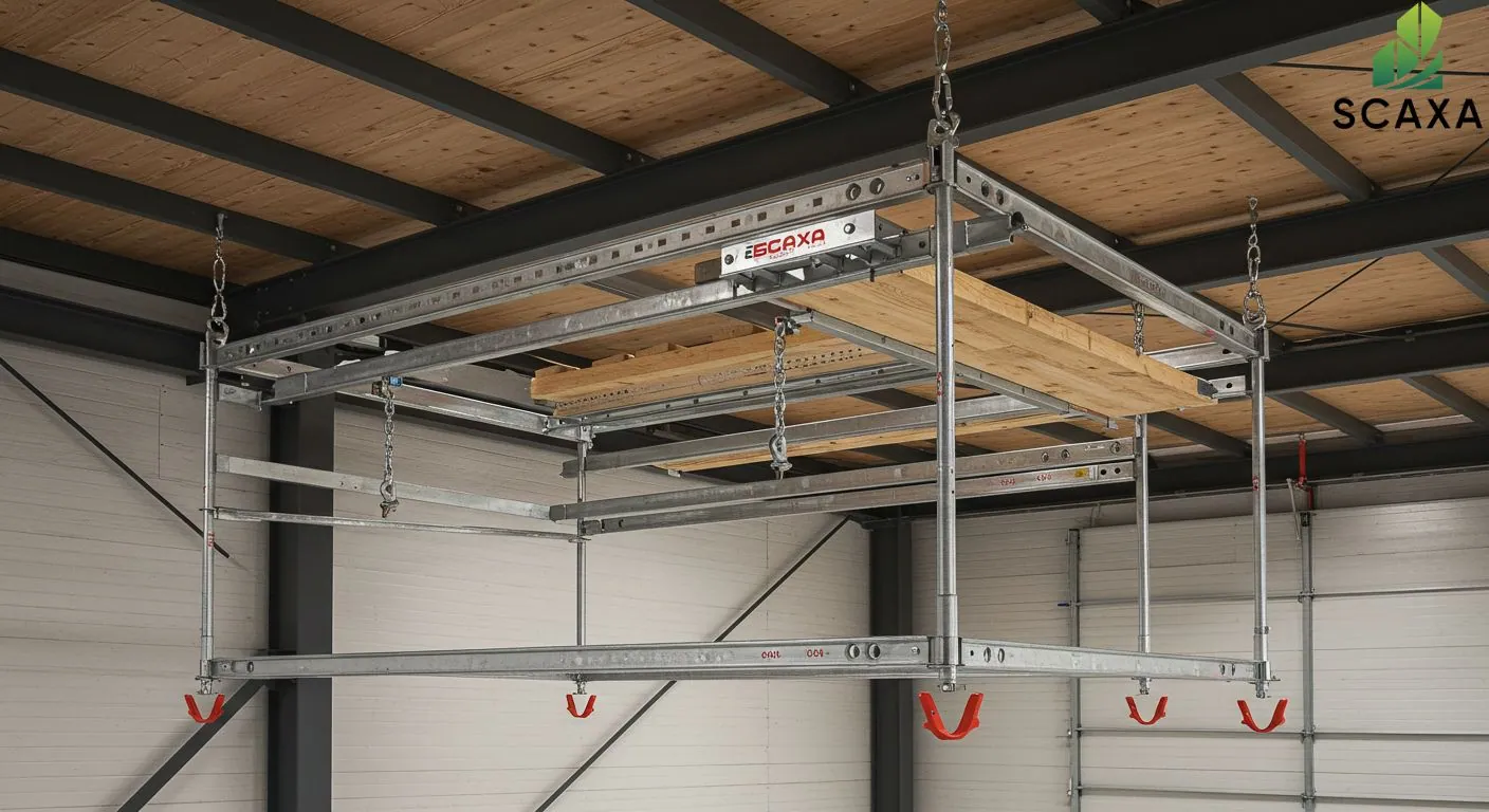 Hanging scaffolding system by SCAXA featuring metal frame and wooden planks, designed for efficient and safe painting projects.