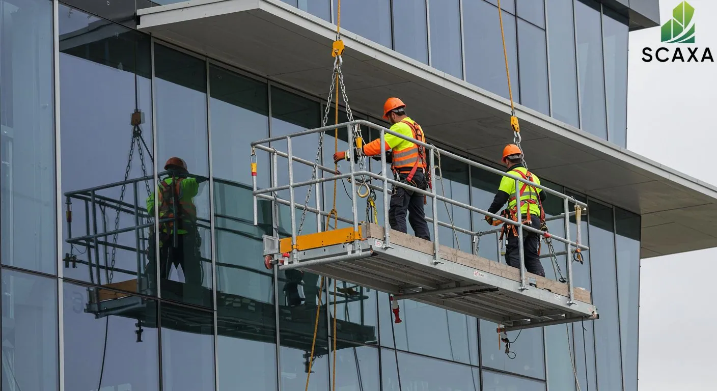 Workers on suspended scaffolding performing maintenance on a glass building, showcasing Scaxa's scaffolding solutions for high-rise projects.