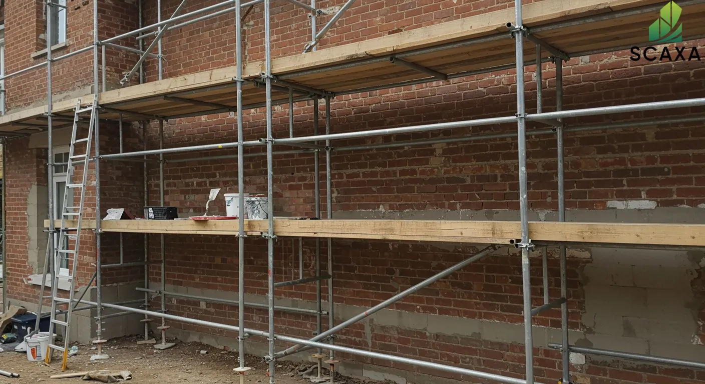 Independent tied scaffolding setup against a brick wall, featuring wooden platforms, a ladder, and construction materials, representing Scaxa's scaffolding solutions for safe and efficient building projects.