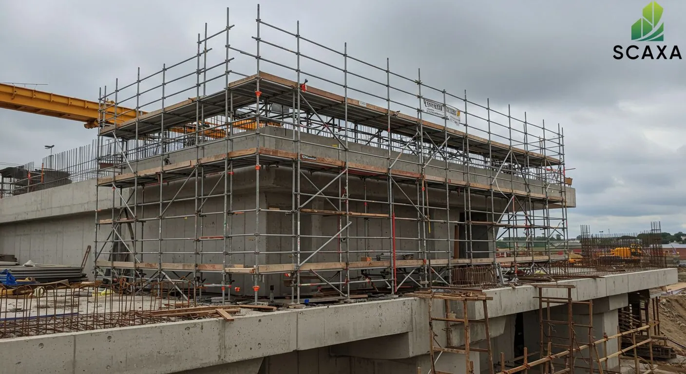 Load-bearing tower scaffolding surrounding a concrete structure under construction, showcasing Scaxa's scaffolding solutions for building projects in the UAE.