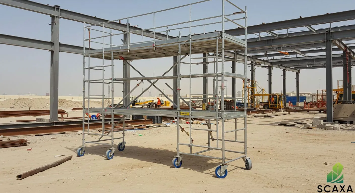Mobile rolling scaffolding structure in a construction site, showcasing Scaxa's scaffolding solutions for steel structural projects.