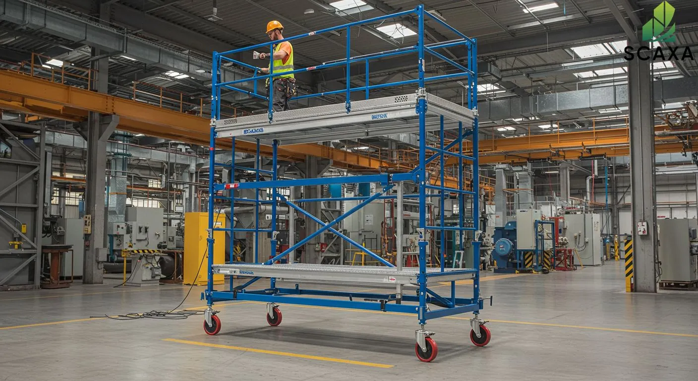 Worker on mobile scaffolding in an industrial setting, showcasing SCAXA's scaffolding solutions for safety and efficiency in maintenance projects.