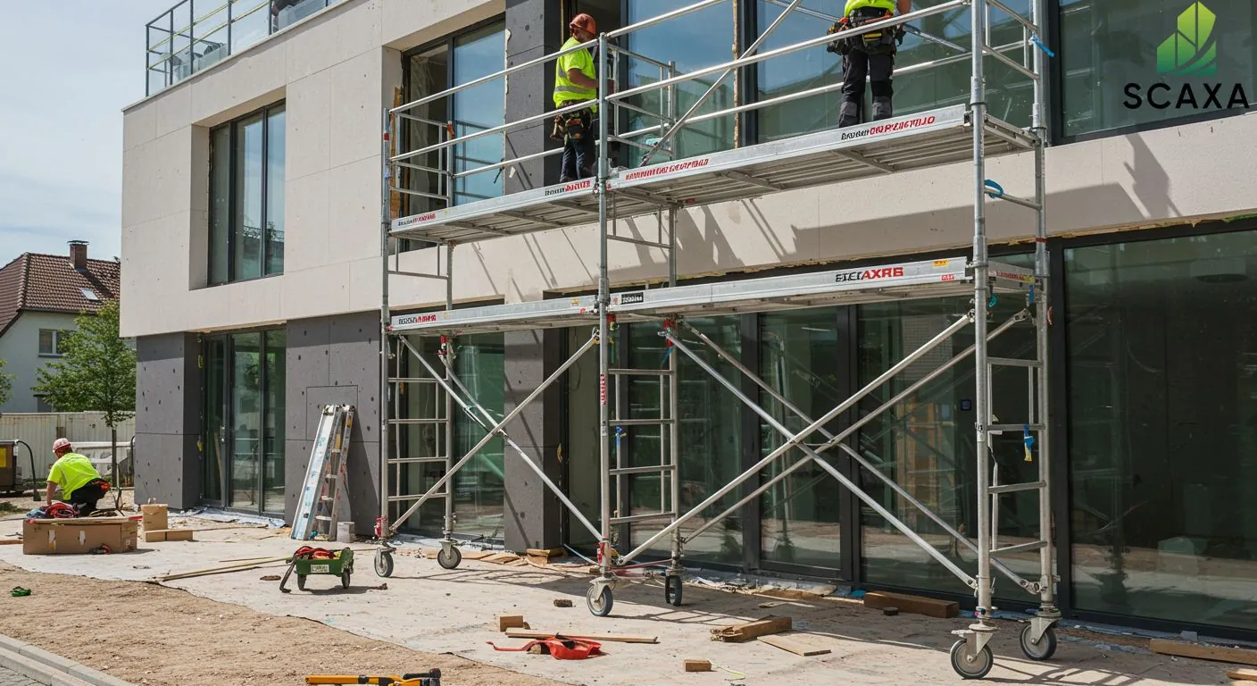 Workers on mobile scaffolding installing glass panels on a modern building, showcasing Scaxa's scaffolding solutions for aluminium and glass contracting.