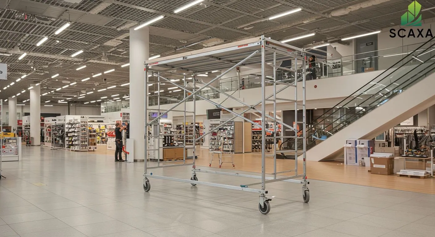 Mobile scaffolding unit in a retail environment, highlighting Scaxa's scaffolding solutions for signboard installation and maintenance.