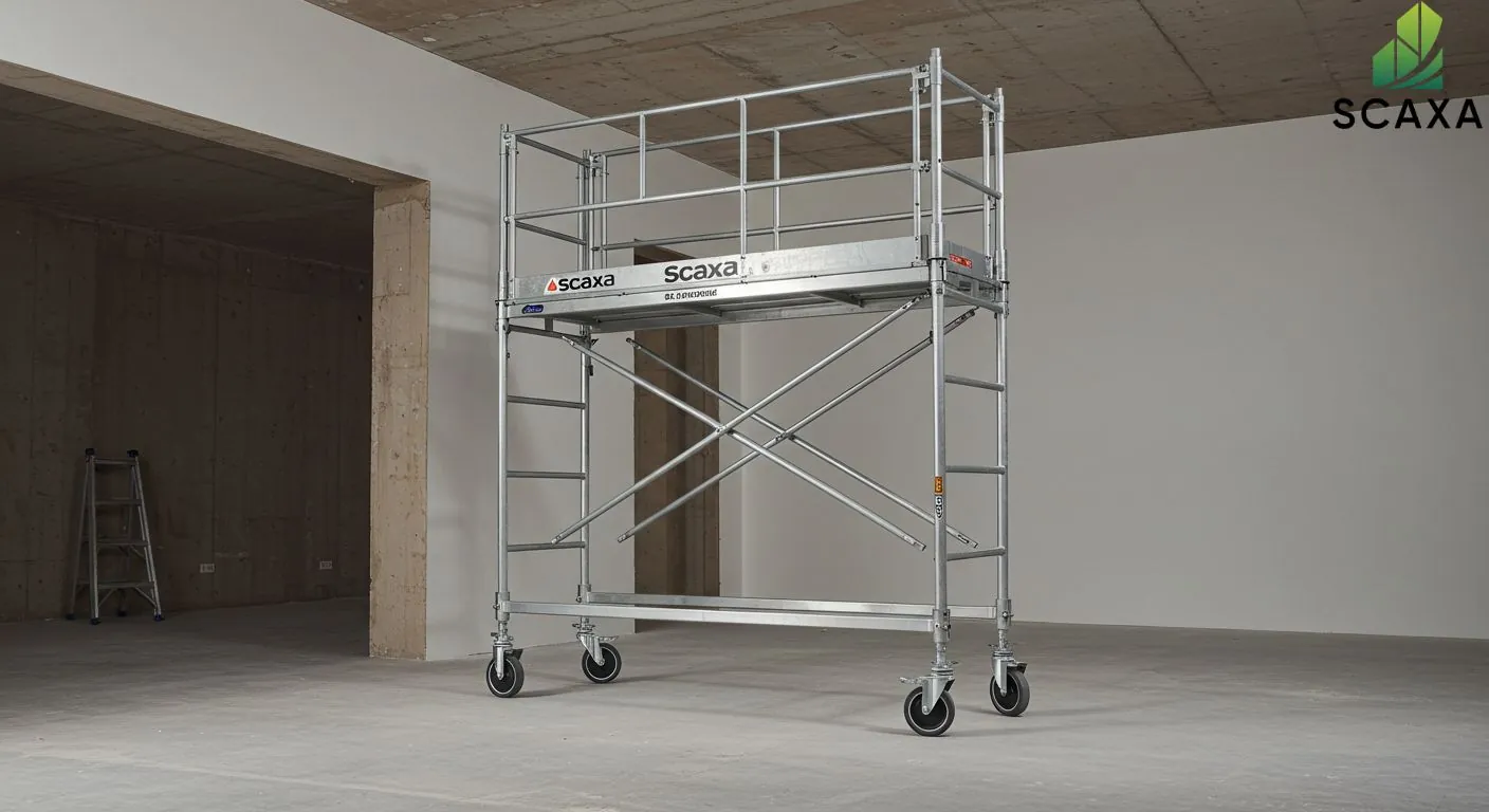 Mobile scaffolding system by Scaxa, designed for painting projects, featuring sturdy construction and safety rails in an indoor setting.