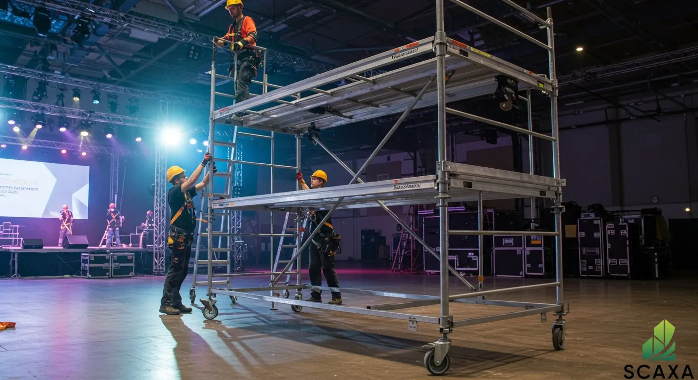 Mobile scaffolding setup for event staging, featuring workers in safety gear assembling a multi-level scaffold in a well-lit venue, emphasizing Scaxa's scaffolding solutions for safe and efficient event setups.