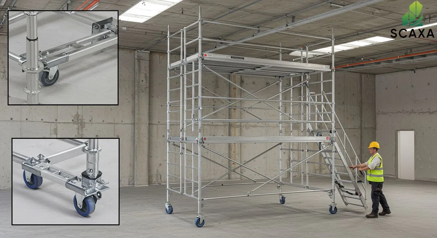 Mobile scaffolding access tower with worker in safety gear, showcasing Scaxa's scaffolding solutions for construction projects in the UAE.