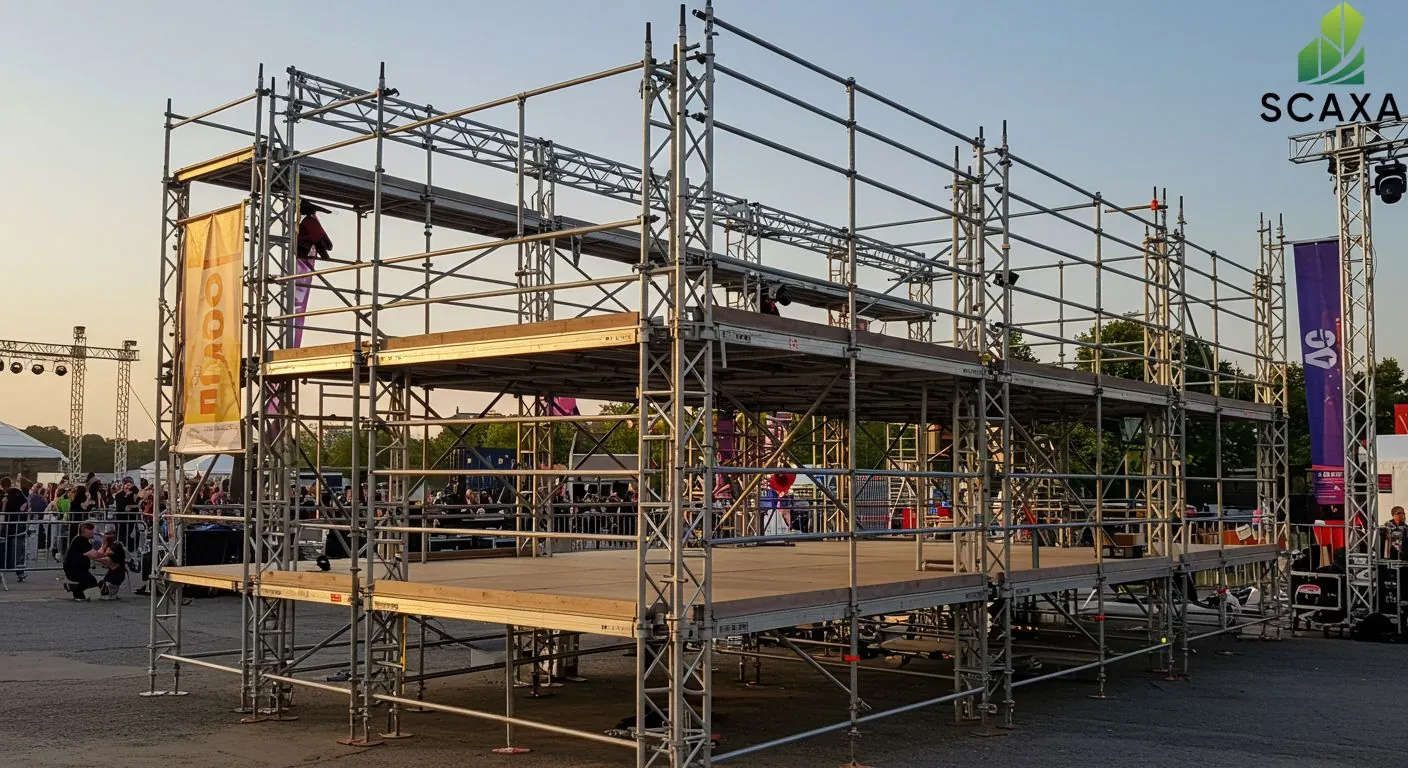 Modular scaffolding system setup for events, featuring multiple levels and safety features, with Scaxa branding visible, in an outdoor setting with an audience in the background.