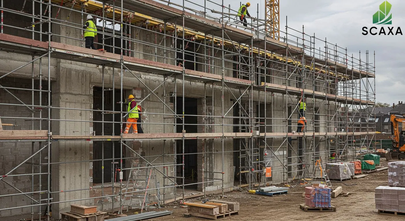Construction workers using modular scaffolding systems on a building site, showcasing Scaxa's scaffolding solutions for safe and efficient access during construction and renovation tasks.