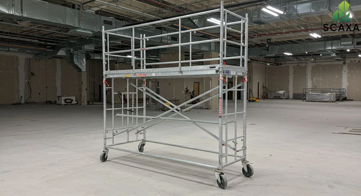 Rolling scaffolding unit in a spacious construction area, showcasing SCAXA's scaffolding solutions for MEP projects.