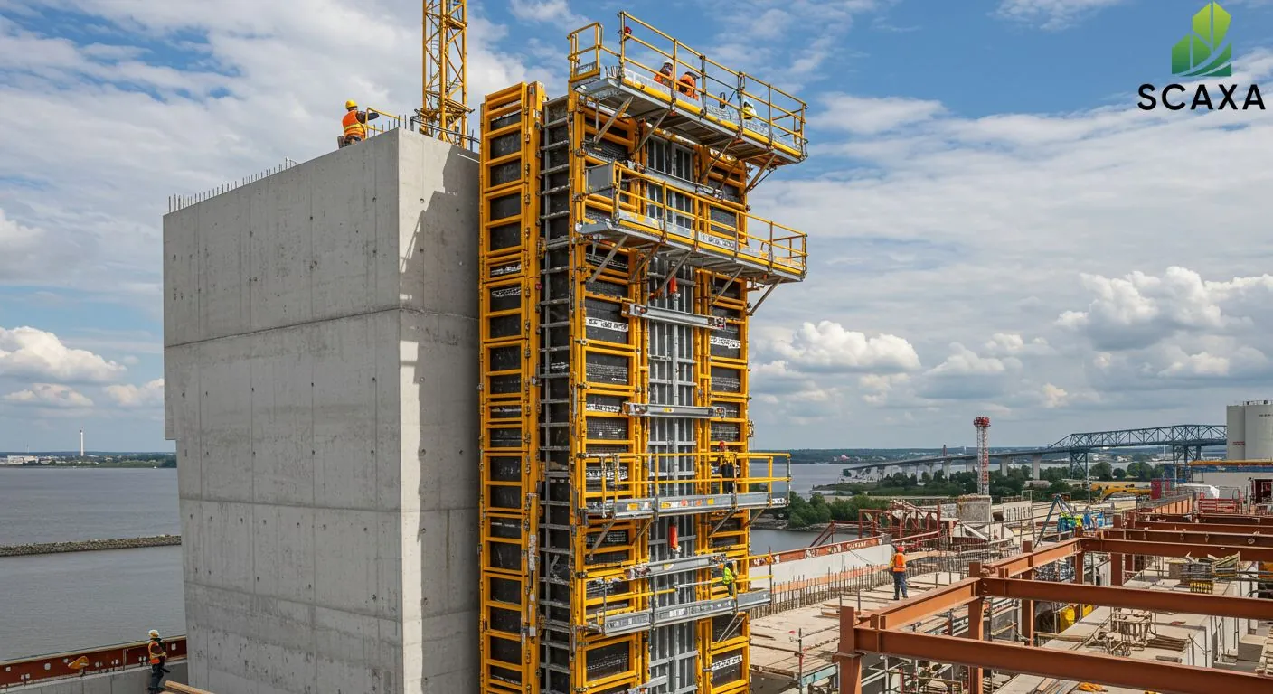 Self-climbing formwork system in construction, featuring concrete structure and scaffolding, with workers on site and a view of the waterfront.