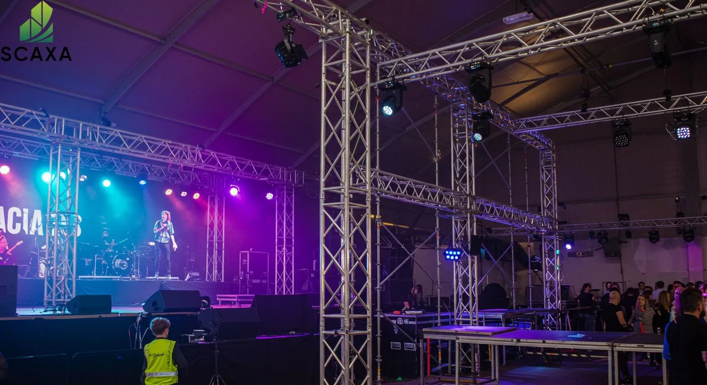 Stage scaffolding setup with lighting and sound equipment for an event, showcasing Scaxa's scaffolding solutions for safe and reliable event setups.