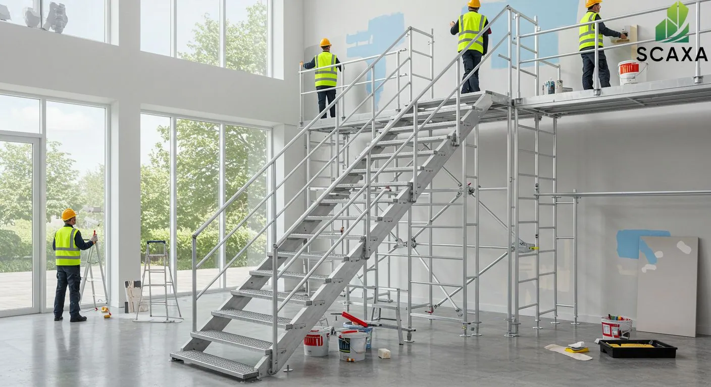 Workers in safety gear using scaffolding for painting projects, featuring a staircase scaffold, paint supplies, and a bright interior setting, showcasing SCAXA's scaffolding solutions for efficient and safe painting.