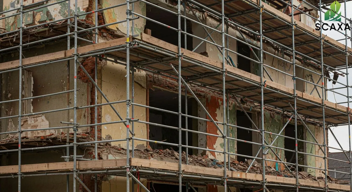 Steel scaffolding surrounding a partially demolished building, showcasing reinforced structures for safe access during demolition, with Scaxa branding visible.