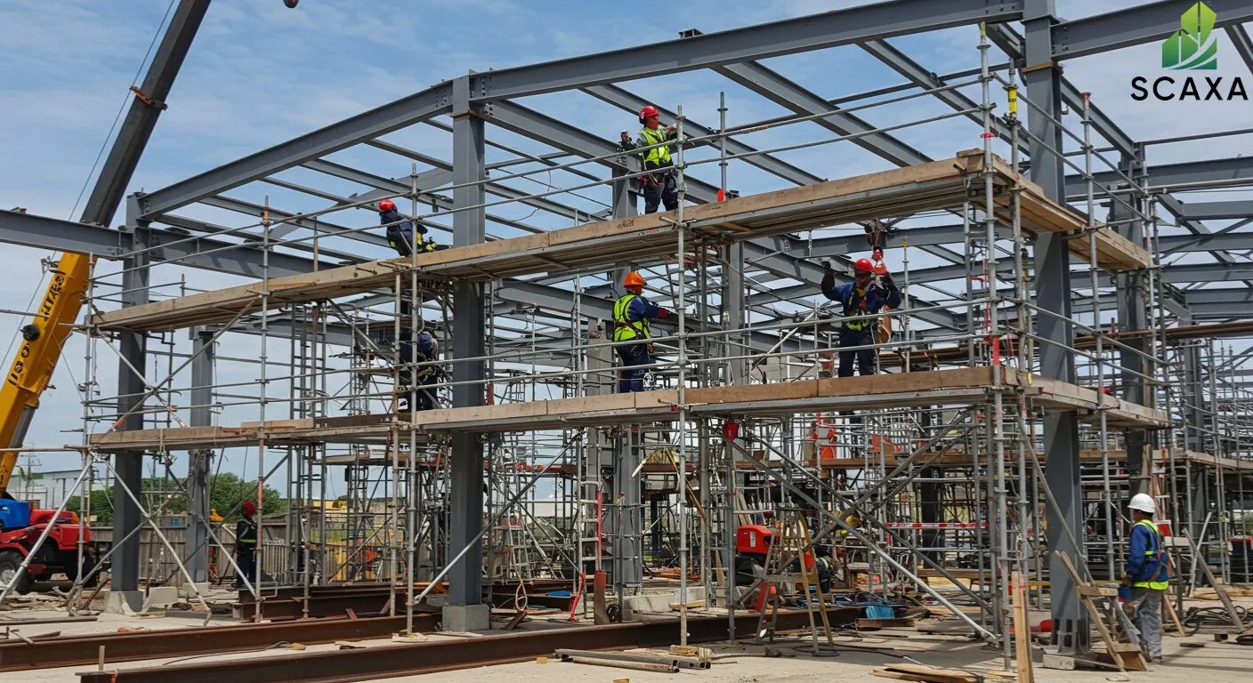 Construction site with scaffolding system, workers in safety gear installing marble slabs, and SCAXA branding visible.