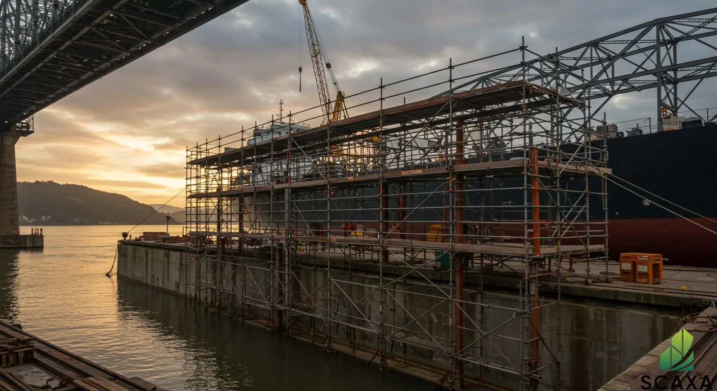 Scaffolding structure at a waterfront site under a bridge, with a crane and ship in the background, showcasing Scaxa's scaffolding solutions for steel structural projects.