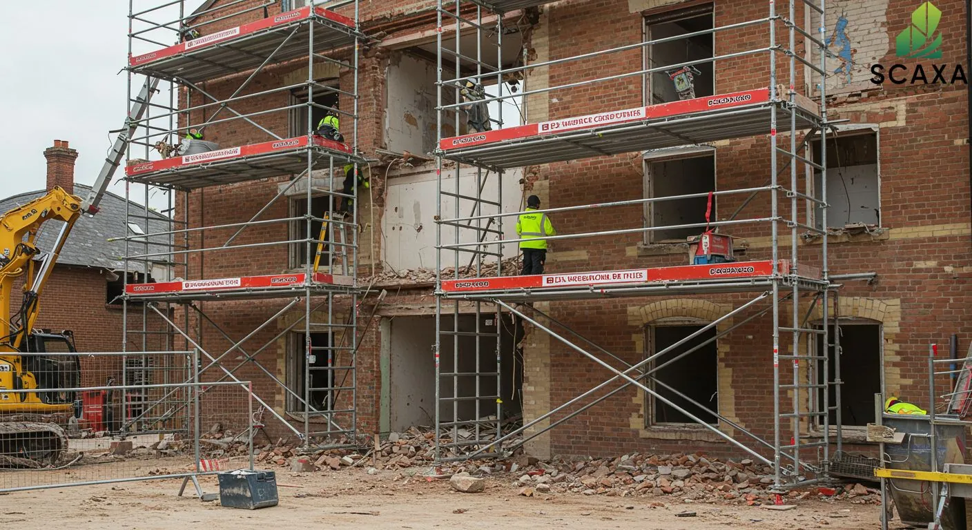 Scaffolding structure supporting workers during demolition of a brick building, with construction equipment and debris in the foreground, emphasizing safety and efficiency in demolition projects.