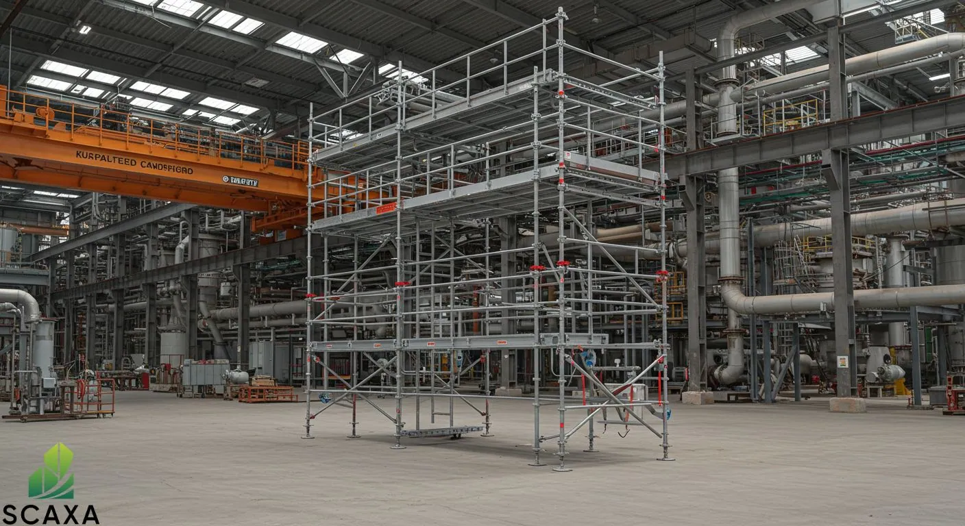 Scaffolding structure in industrial setting, showcasing SCAXA's durable and adaptable solutions for maintenance projects.