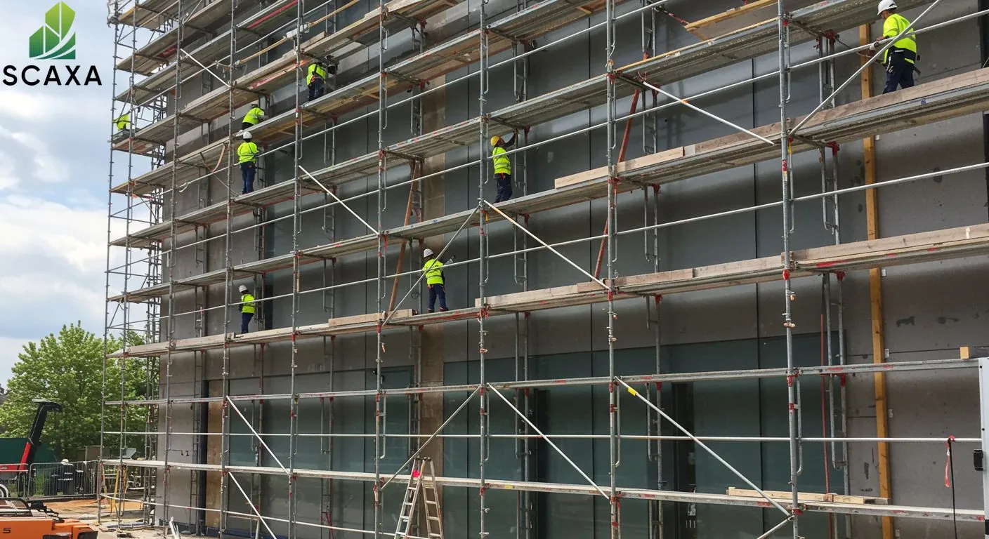 Construction workers on scaffolding performing maintenance on a glass facade, showcasing Scaxa's scaffolding solutions for aluminium and glass contracting projects.