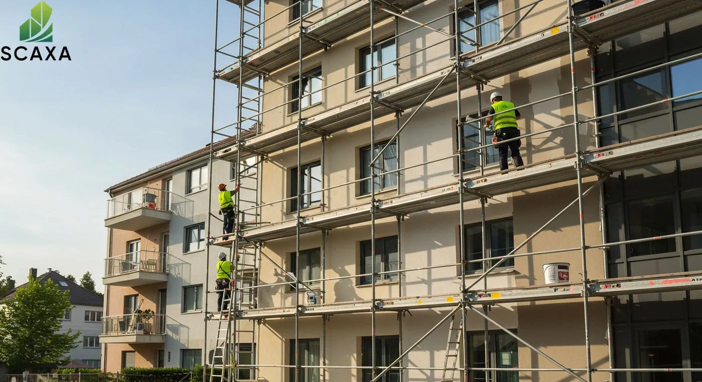 Workers in safety vests using scaffolding for painting on a building exterior, showcasing SCAXA's scaffolding solutions for efficient and safe painting projects.