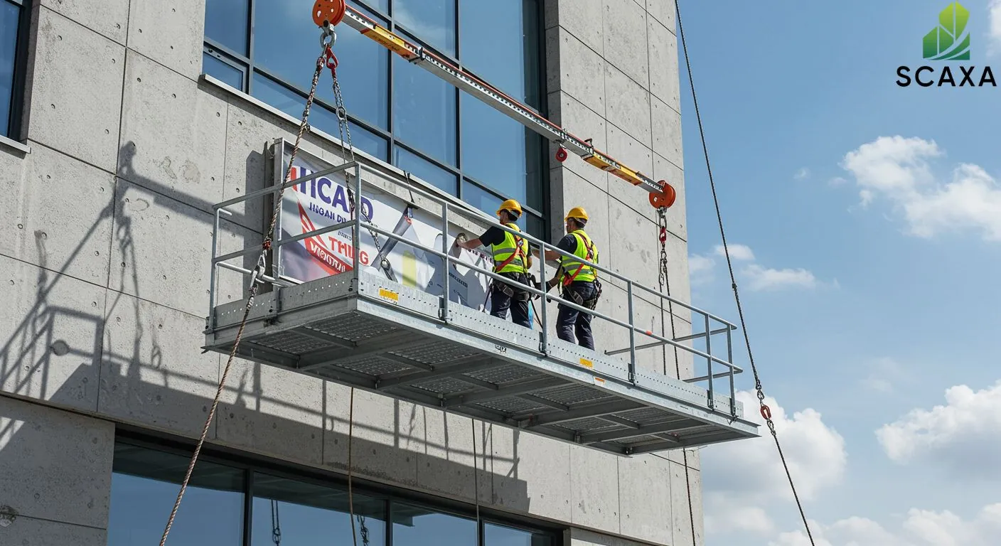 Workers on suspended scaffolding installing a sign on a building, showcasing Scaxa's scaffolding services for signboard installation.