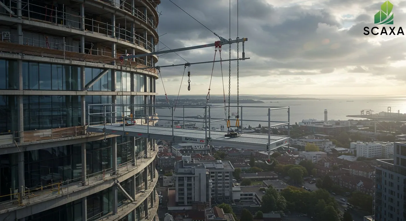 Suspended scaffolding system on a high-rise building under construction, showcasing Scaxa's scaffolding solutions for steel structural projects, with a cityscape and coastline in the background.