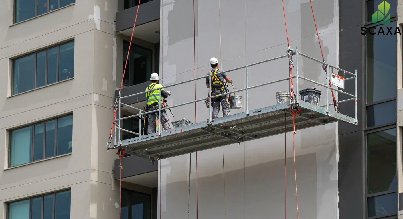Two workers on suspended scaffolding painting the exterior of a building, showcasing Scaxa's scaffolding solutions for efficient and safe painting projects.