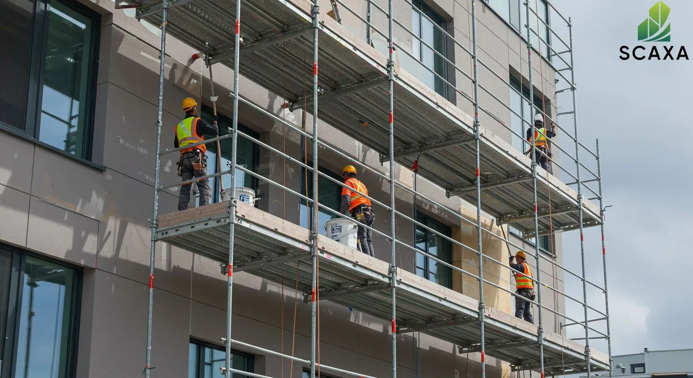 Construction workers on suspended scaffolding, performing exterior work on a building, showcasing Scaxa's scaffolding solutions for safe and efficient access.