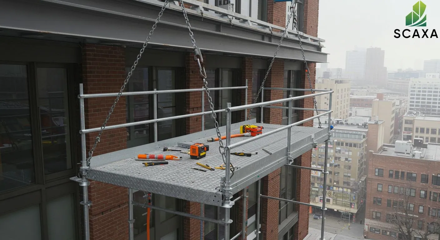 Suspended scaffolding platform with tools for MEP contracting, featuring SCAXA branding, set against a cityscape backdrop.