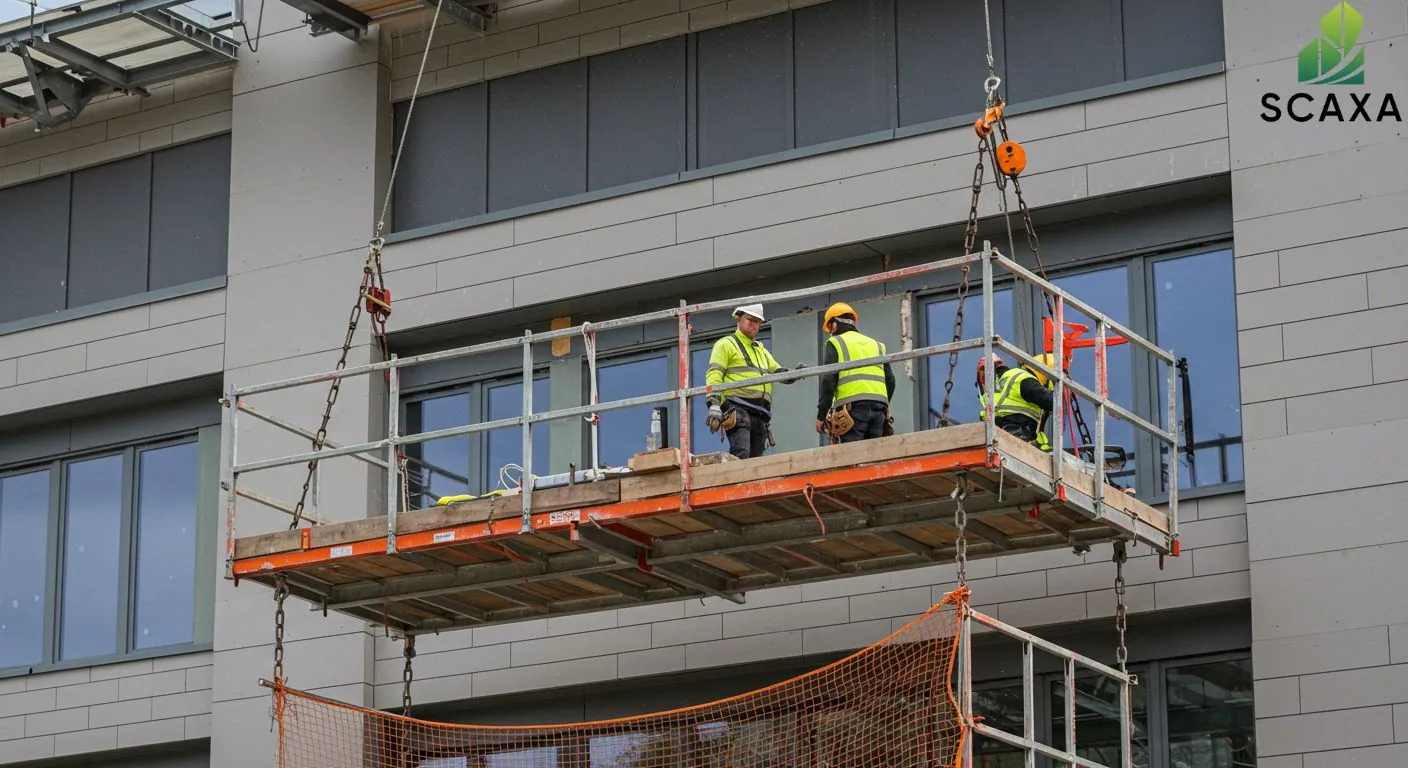 Suspended scaffolding platform with workers in safety gear, demonstrating safe access for demolition tasks at height, featuring Scaxa branding.