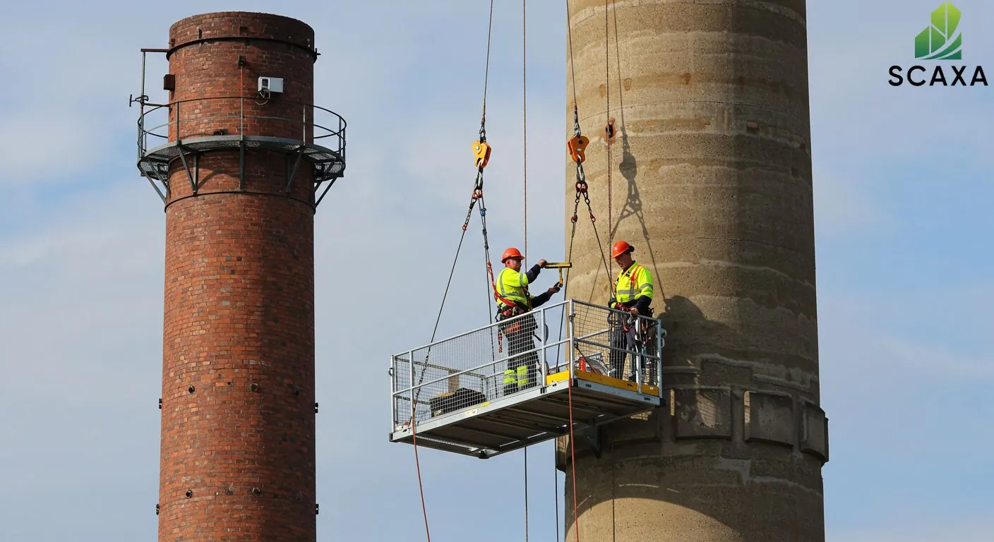 Workers in safety gear on suspended scaffolding performing maintenance on industrial smokestacks, showcasing Scaxa's scaffolding solutions for industrial environments.
