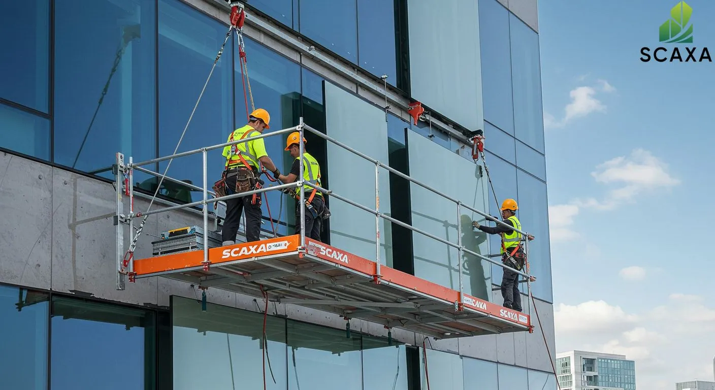 Workers on suspended scaffolding installing glass panels on a modern building, showcasing Scaxa's scaffolding solutions for aluminium and glass contracting.