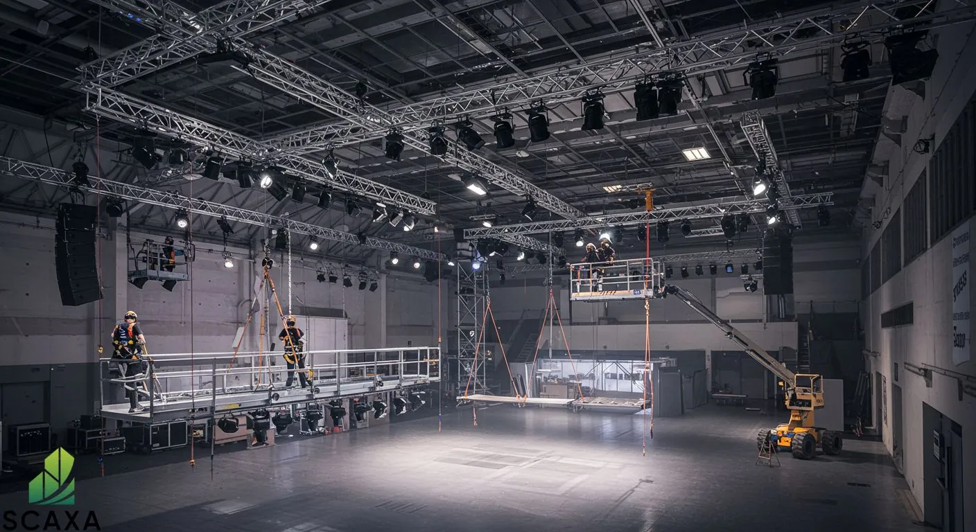 Workers on suspended scaffolding in an event space, with lighting rigs and stage equipment, showcasing Scaxa's scaffolding solutions for events.