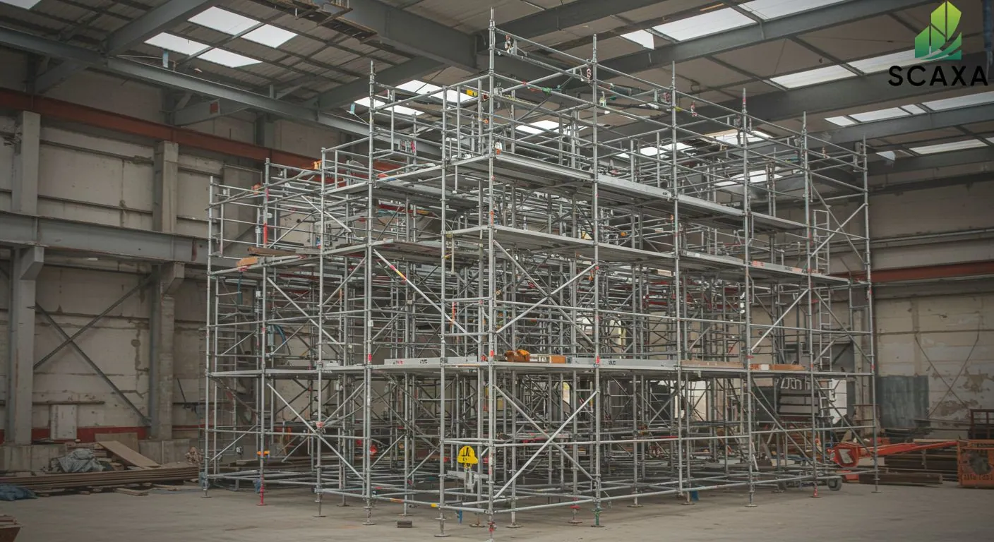 Scaffolding structure in a warehouse setting, showcasing Scaxa's steel scaffolding solutions for structural contracting projects.